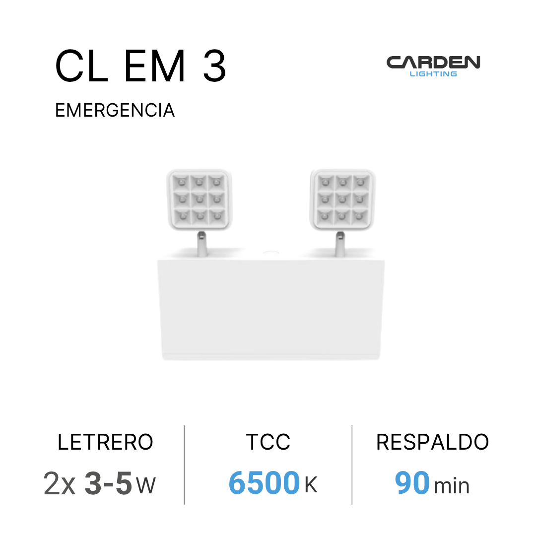 Etiqueta de iluminación de emergencia con luces LED, marca Carden Lighting, indica 2 focos de 3-5W, temperatura de color 6500K y respaldo de 90 minutos.