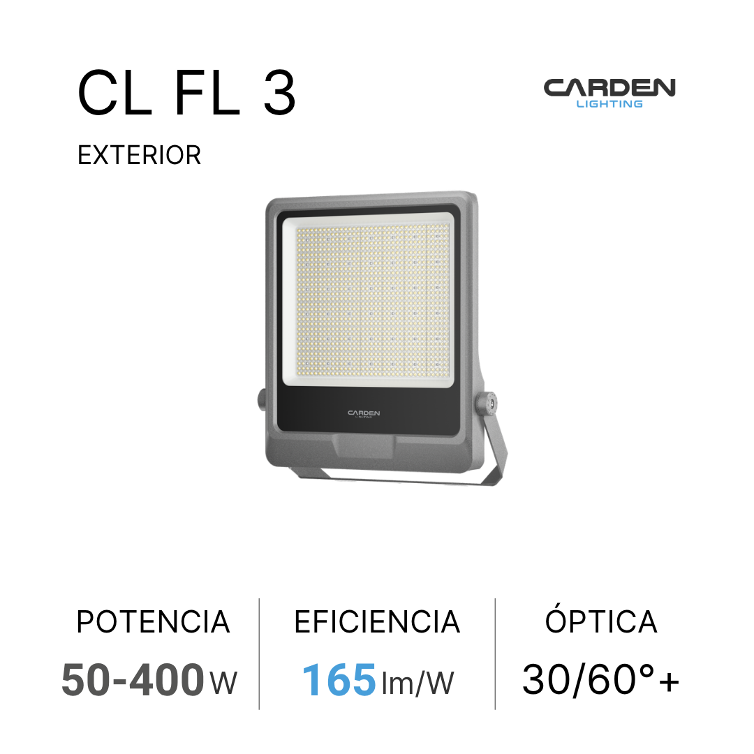 Luz LED exterior para iluminación, modelo CL FL 3, con potencia de 50 a 400 vatios, eficiencia de 165 lúmenes por vatio, óptica de 30 a 60 grados plus, marca Carden Lighting.