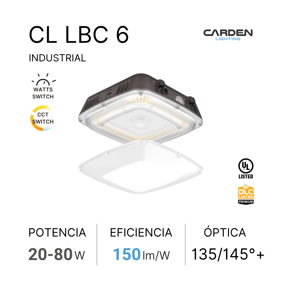 Lámpara industrial de luz LED cuadrada con control de potencia y cambio de color, marca Carden Lighting.