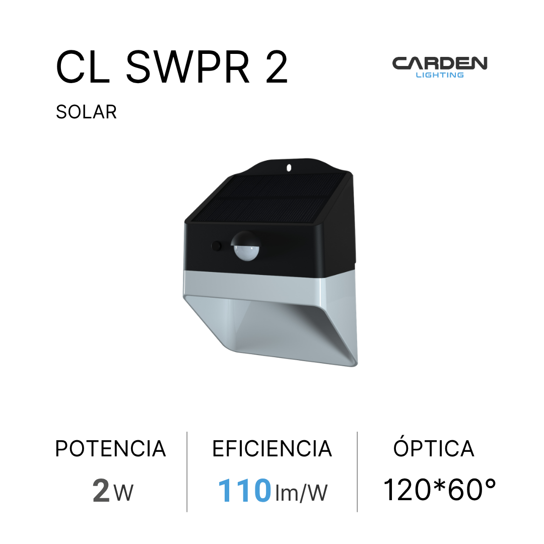 Wall pack solar LED integrado Carden CL SWP all-in-one con panel solar y sensor de movimiento en una sola pieza