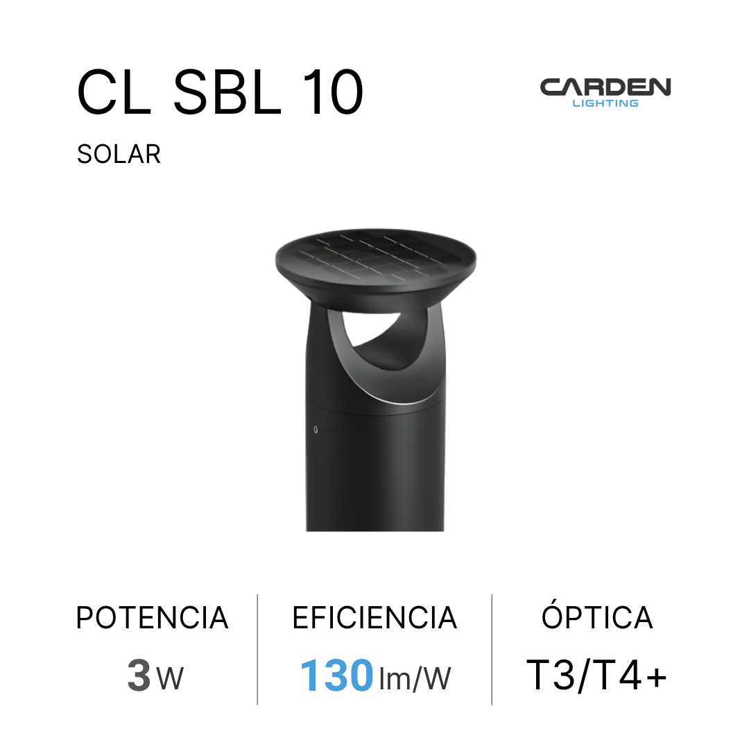 Bolardo solar LED Carden CL SBL autónomo con panel solar superior para senderos, jardines y andadores
