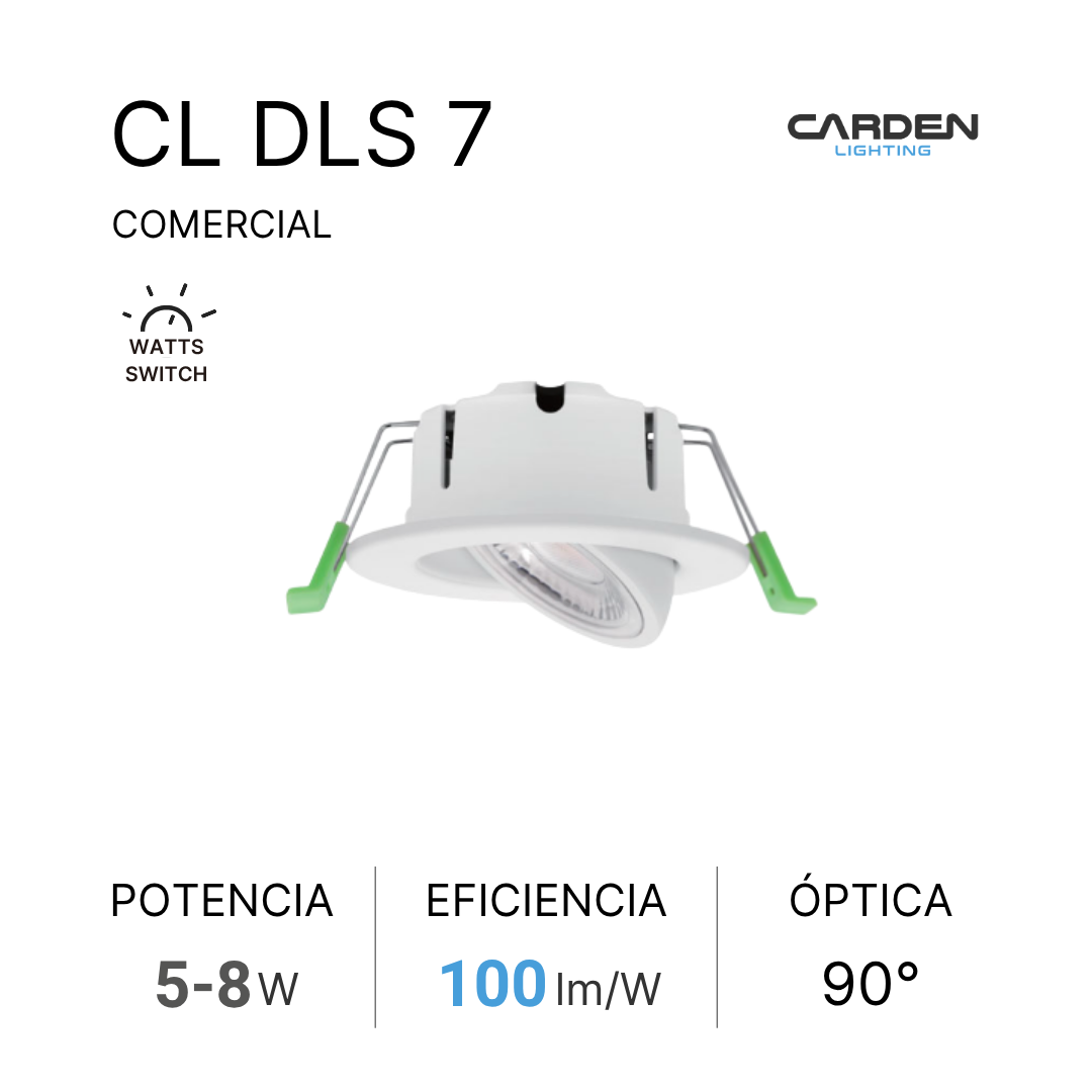 Caja de luminaria empotrada marca Carden Lighting, modelo CL DLS 7, con especificaciones de potencia entre 5 y 8 vatios, eficiencia de 100 lúmenes por vatio, y lente óptica de 90 grados.