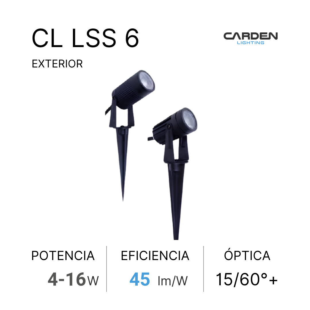 Dos focos empotrables de iluminación de energía solar en exterior, con diferentes configuraciones de potencia de 4 a 16 vatios, eficiencia de 45 lúmenes por watt y óptica de 15/60 grados, marca Carden Lighting.