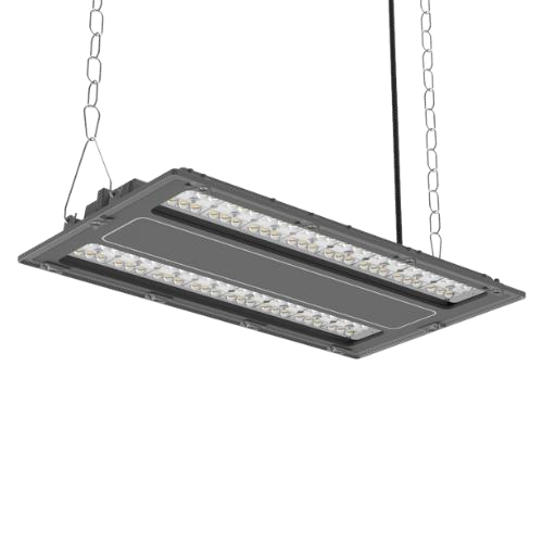 Luminaria LED rectangular colgante con cadena.