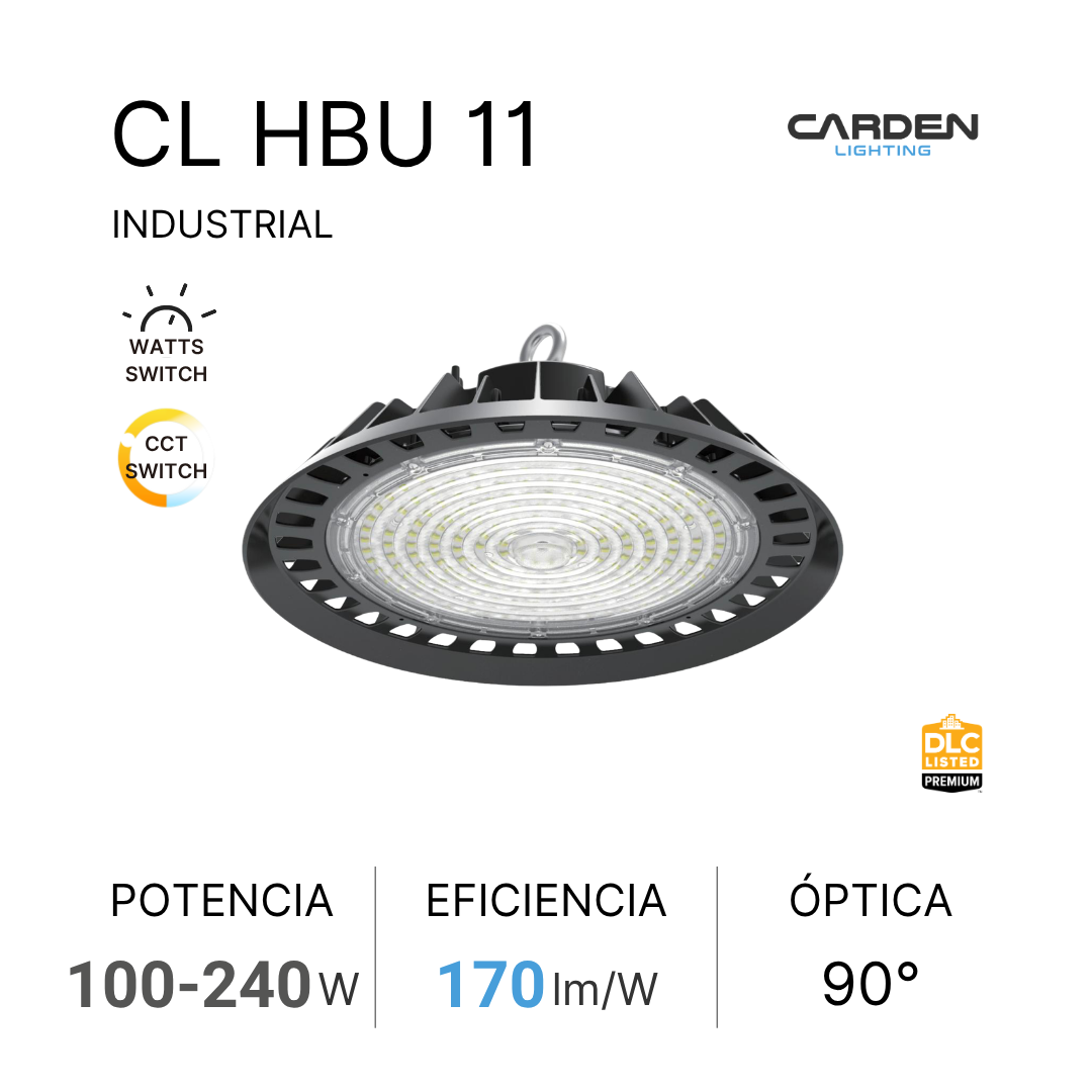 Foco industrial LED de marca Carden Lighting, modelo CL HBU 11, con potencia de 100 a 240 vatios, eficiencia de 170 lúmenes por vatio, óptica de 90°, y listado premium DLC.