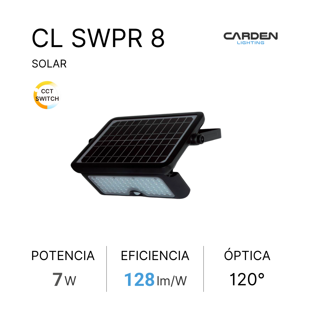 Wall pack solar LED integrado Carden CL SWP all-in-one con panel solar y sensor de movimiento en una sola pieza