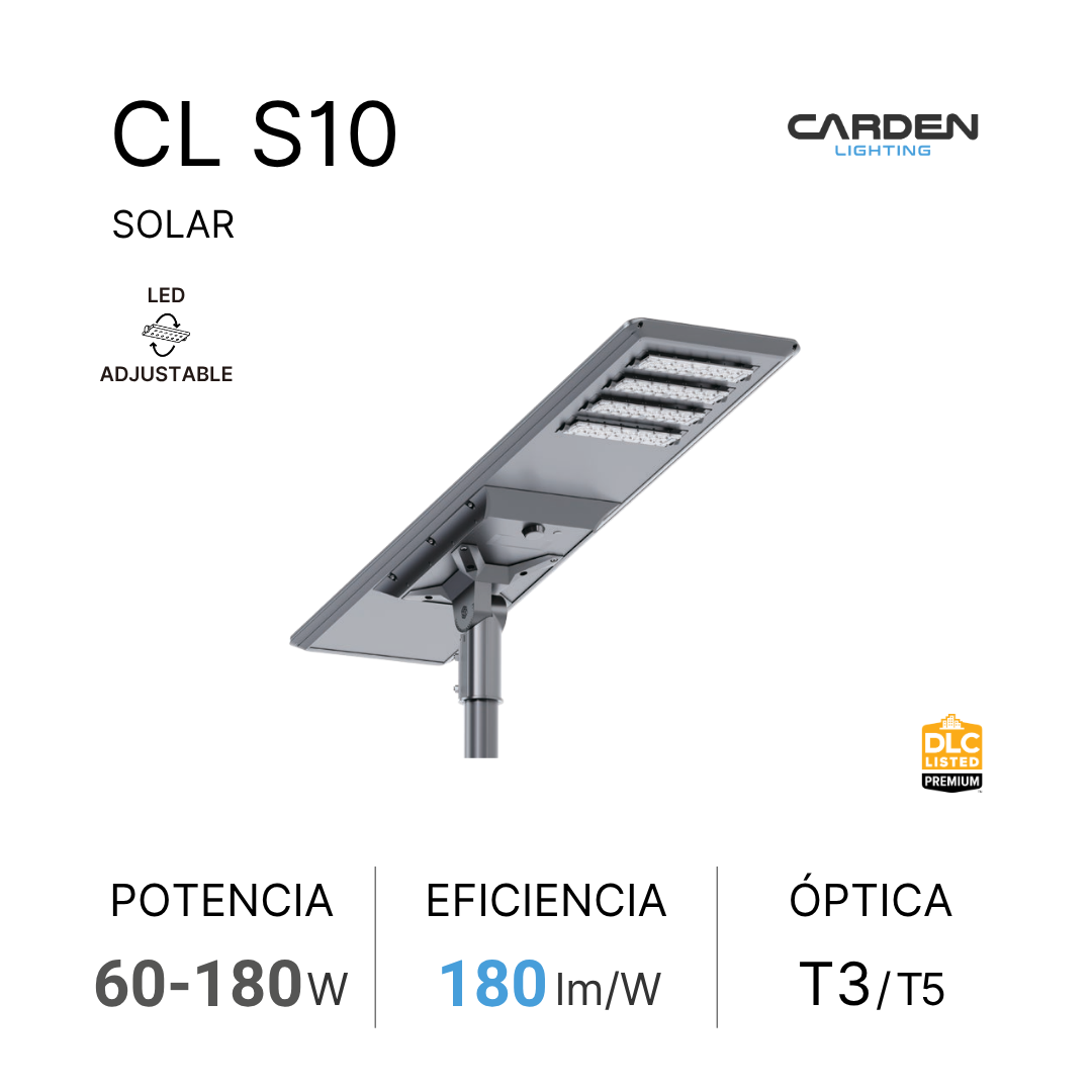 Luminaria solar LED Carden CL S todo en uno (all-in-one) para alumbrado público y vialidades, autónomo con panel monocristalino y batería LiFePO4 (de litio) con duración garantizada toda la noche. Sin canalización, cableado ni electricidad.