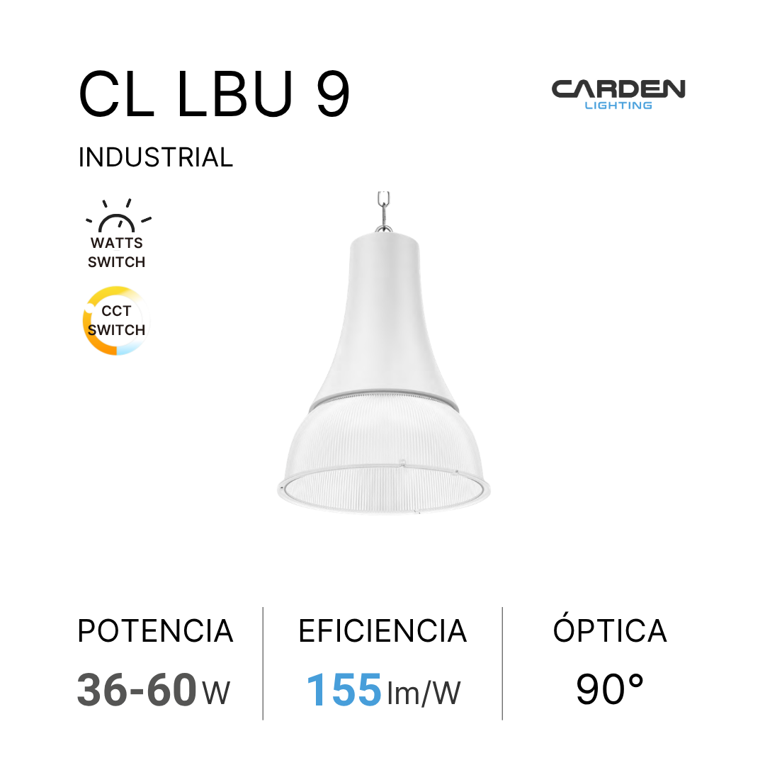 Lámpara industrial blanca colgante de diseño moderno, con iconos de interruptores y especificaciones técnicas en español.