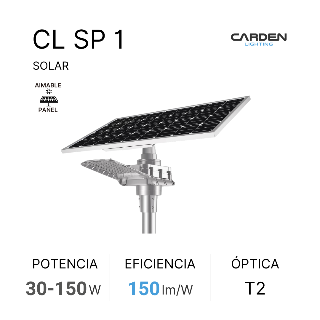Luminaria solar LED Carden CL S todo en uno (all-in-one) para alumbrado público y vialidades, autónomo con panel monocristalino y batería LiFePO4 (de litio) con duración garantizada toda la noche. Sin canalización, cableado ni electricidad.