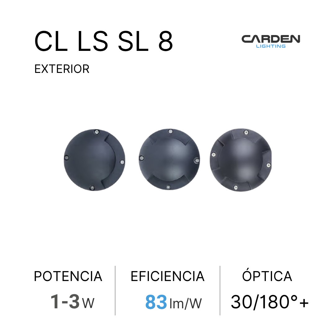 Diapositiva de guía de luces exteriores para automóviles, modelo CL LS SL 8, con información del fabricante Carden Lighting. Incluye imágenes de tres focos redondos en diferentes ángulos y especificaciones técnicas: potencia de 1 a 3 vatios, eficiencia de 83 lúmenes por vatio, y óptica de 30/180 grados+