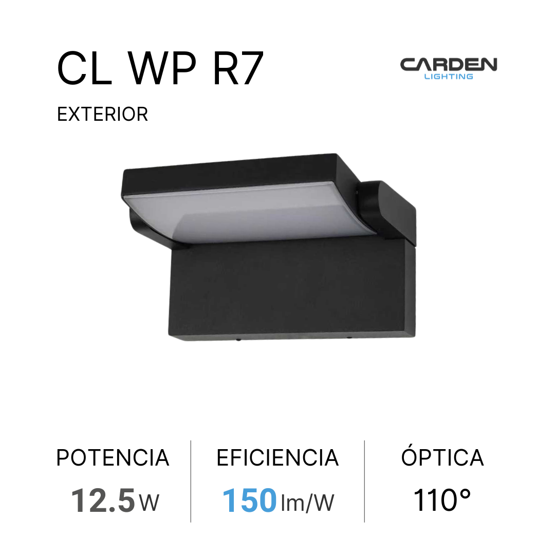 Lámpara de exterior negra con luz blanca y logotipo de Carden Lighting en la esquina superior derecha, con texto que indica especificaciones técnicas como potencia, eficiencia y óptica.