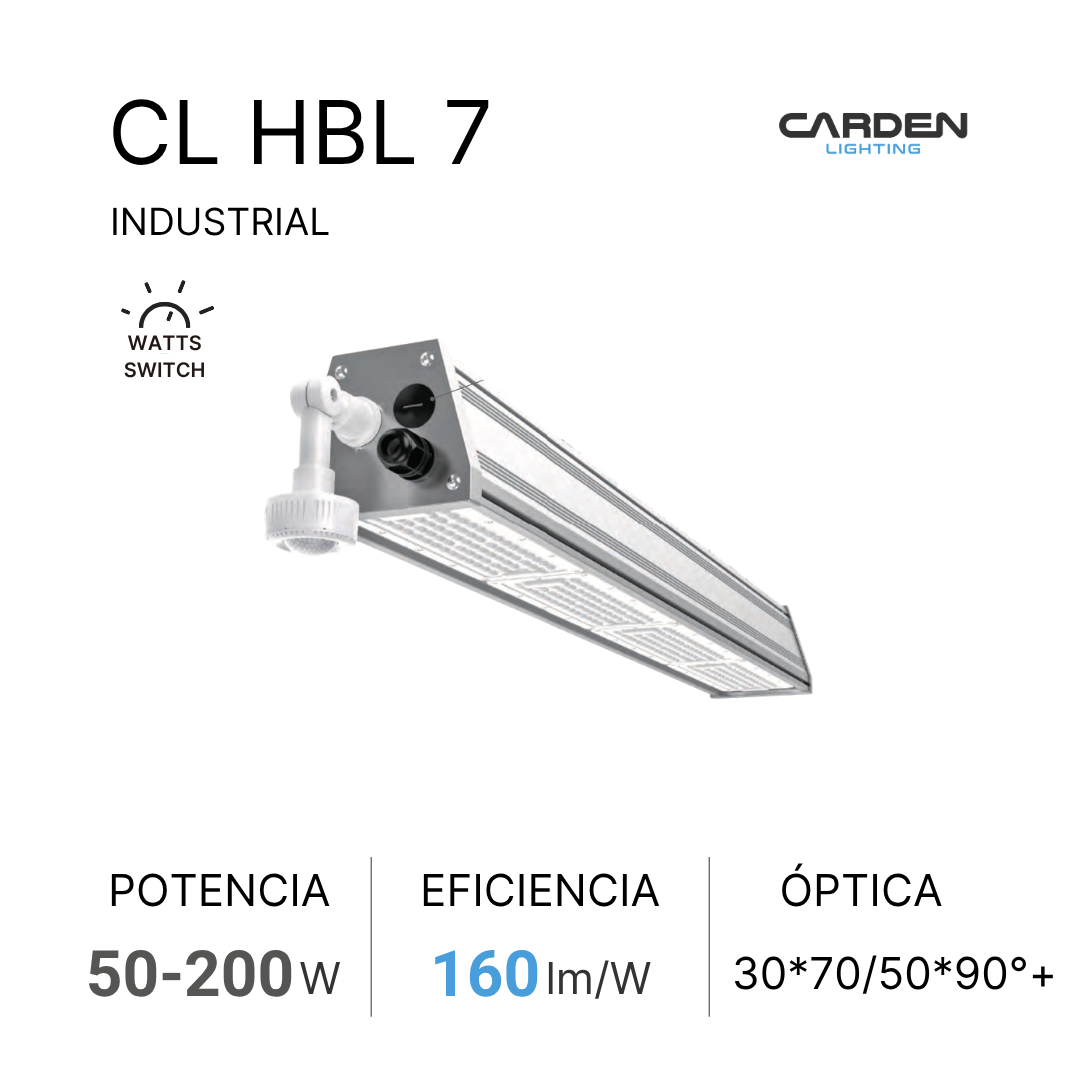 Información del producto CL HBL 7, en color blanco y gris, con características técnicas como potencia de 50 a 200 W, eficiencia de 160 lm/W y óptica de 30*70/50*90 grados, de la marca Carden Lighting.
