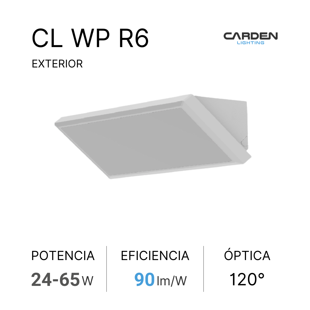 Luminaria exterior blanca de LED, modelo CL WP R6, con especificaciones de potencia de 24 a 65 vatios, eficiencia de 90 lúmenes por vatio y ángulo óptico de 120 grados, marca Carden Lighting.