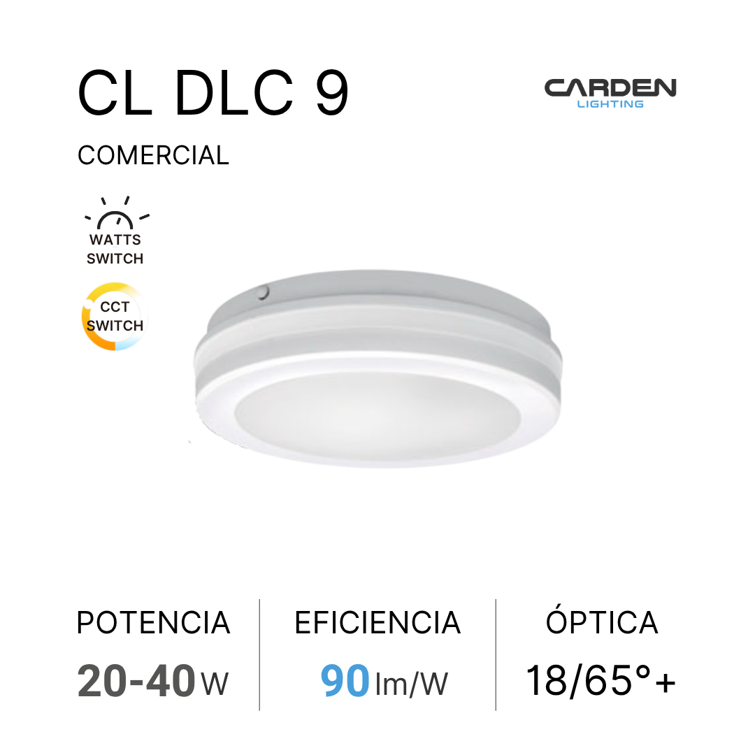 Folleto que muestra un plafón de luz LED de la marca Carden Lighting, con especificaciones técnicas como potencia de 20 a 40 vatios, eficiencia de 90 lúmenes por watt, y temperatura de color de 18/65 grados Celsius.