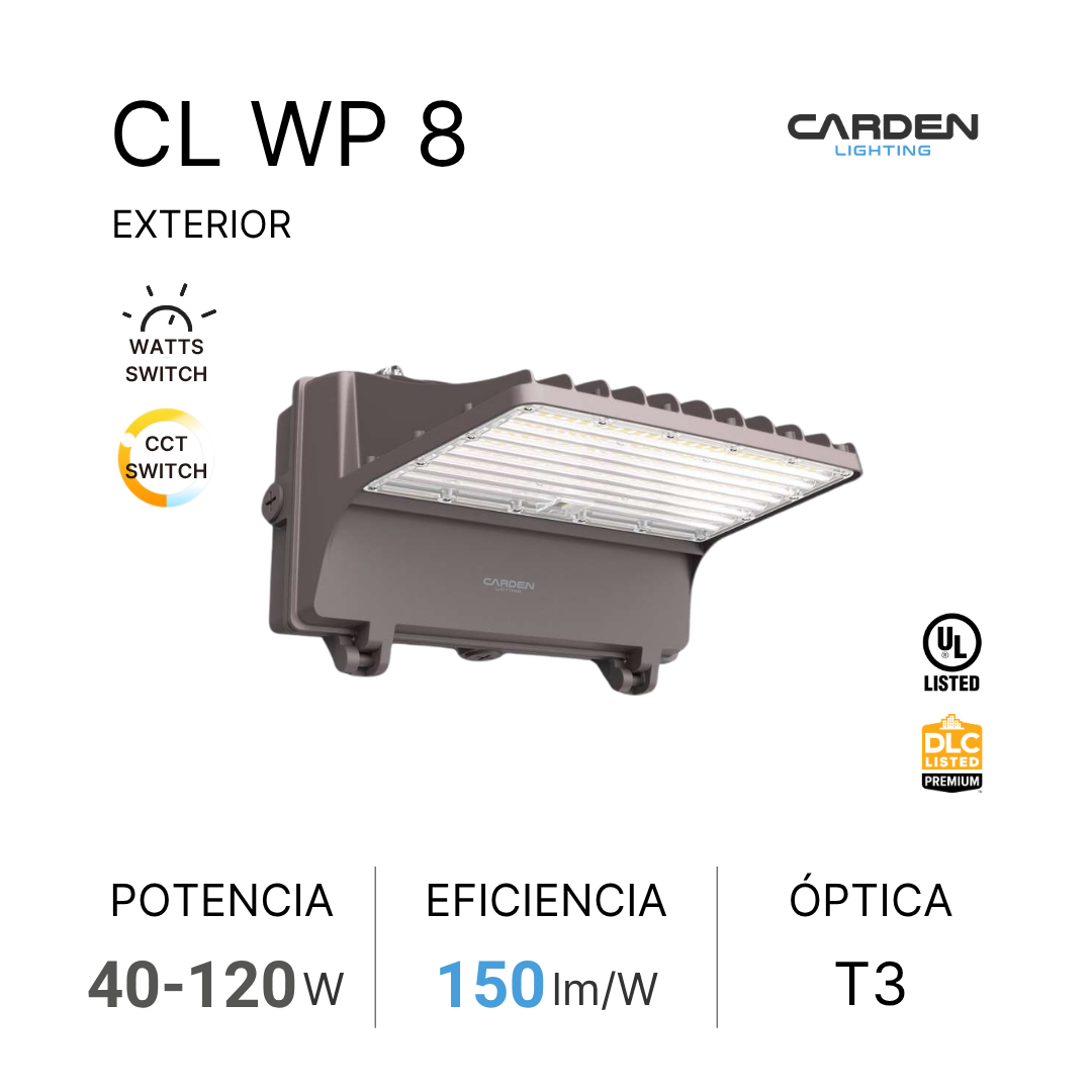 Imagen de una luminaria exterior LED de la marca Carden Lighting, modelo CL WP 8, con información sobre potencia de 40 a 120 vatios, eficiencia de 150 lúmenes por vatio, y óptica T3. También muestra íconos de certificación y características técnicas.