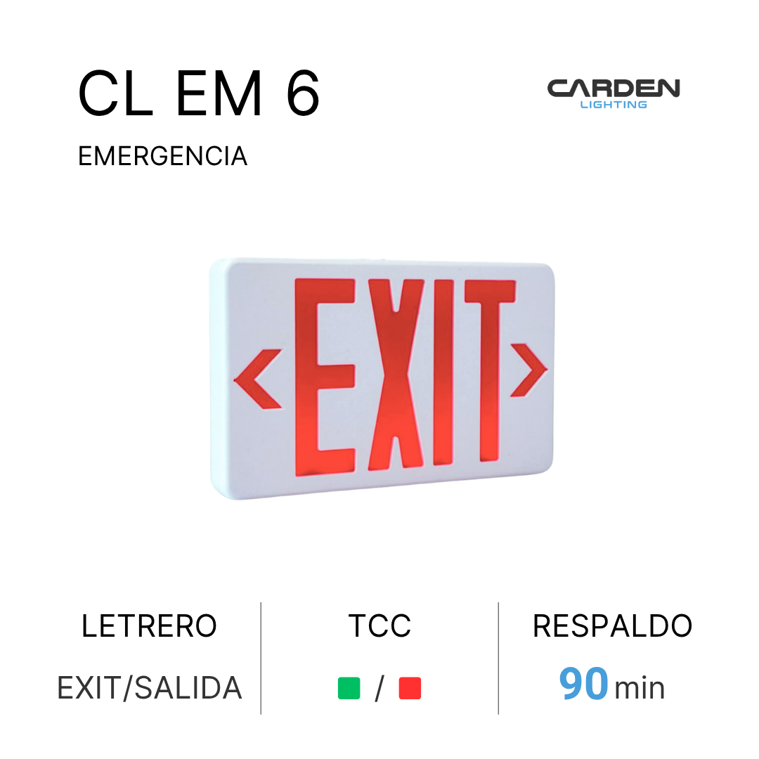 Luces de emergencia de salida en color rojo con flechas a los lados, marca de la compañía de iluminación Carden, con textos en español e información de respaldo y tiempo de respaldo.