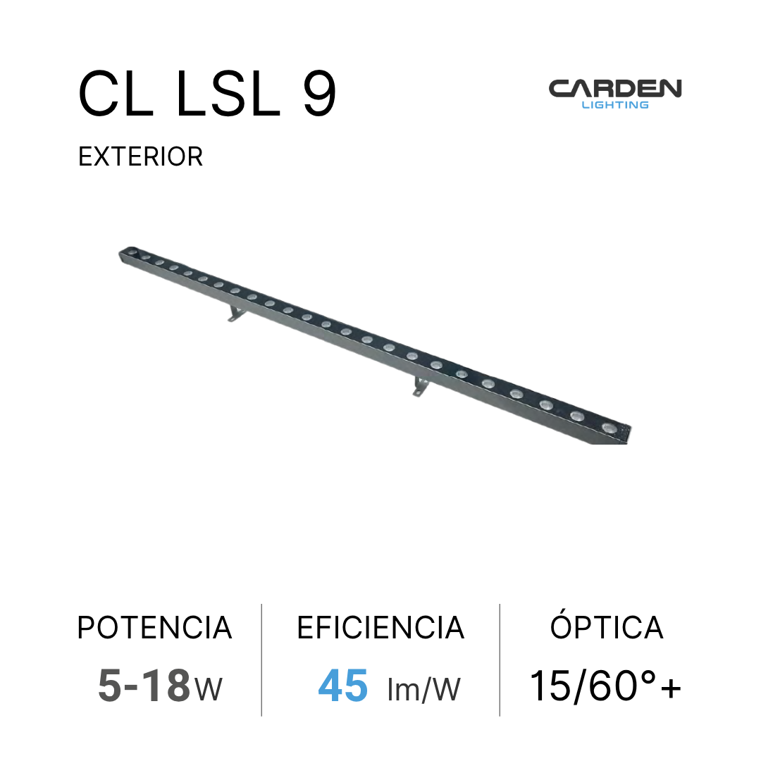 Carta técnica de iluminación exterior con el modelo CL LSL 9, marca Carden Lighting, mostrando características como potencia, eficiencia y óptica.