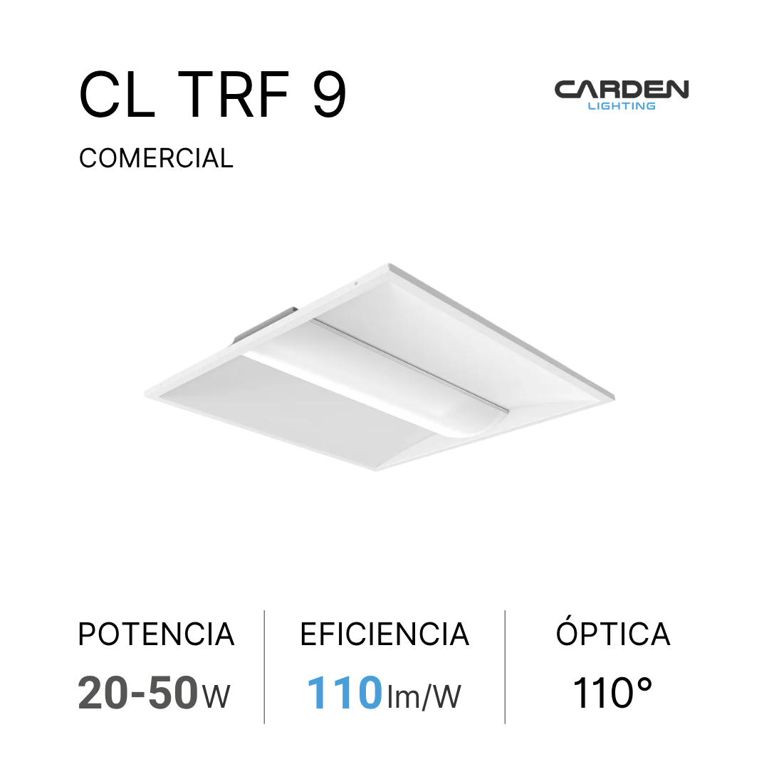 Descripción de la luminaria de techo comercial CL TRF 9 de la marca Carden Lighting, mostrando sus especificaciones de potencia, eficiencia y óptica.