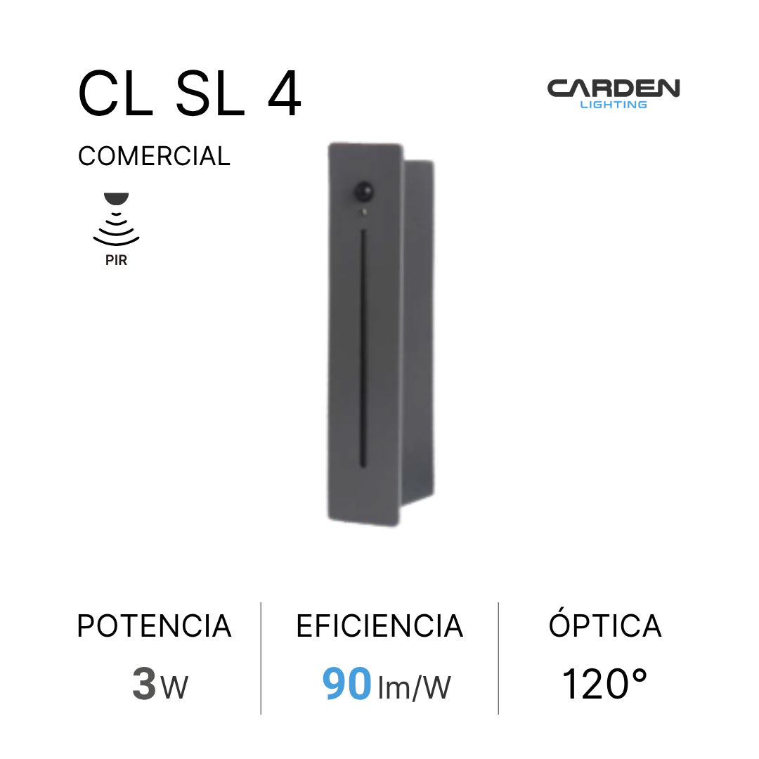 Publicidad de un sensor de iluminación Carden Lighting CL SL 4, para uso comercial, con especificaciones de potencia, eficiencia y óptica.