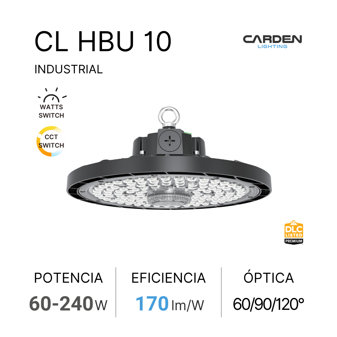 Lámpara industrial Carden Lighting modelo CL HBU 10 con potencias entre 60 y 240 vatios, eficiencia de 170 lúmenes por vatio, y ópticas de 60, 90 y 120 grados.
