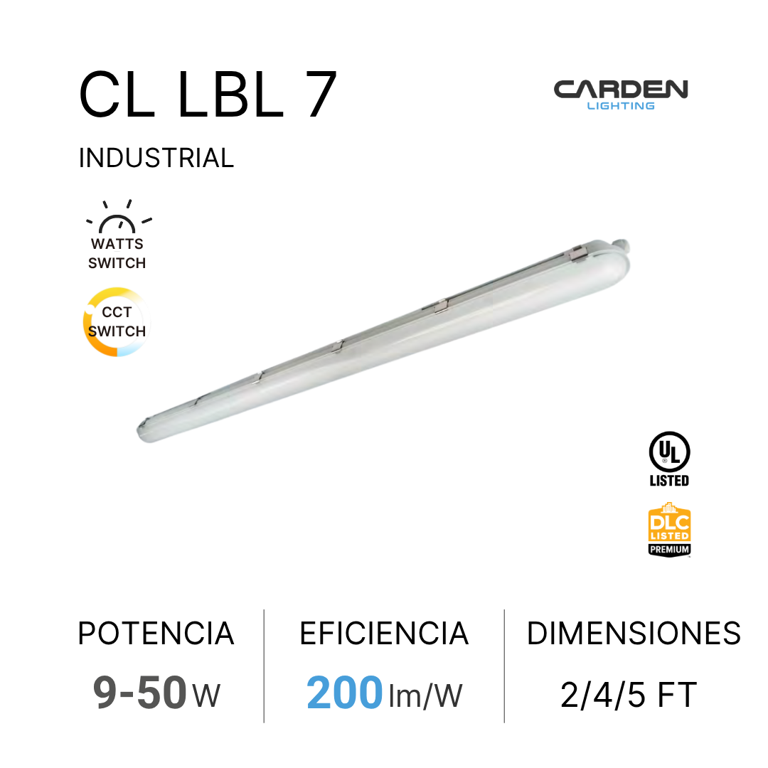 Lámpara industrial de iluminación de trabajo con especificaciones de potencia, eficiencia y dimensiones.