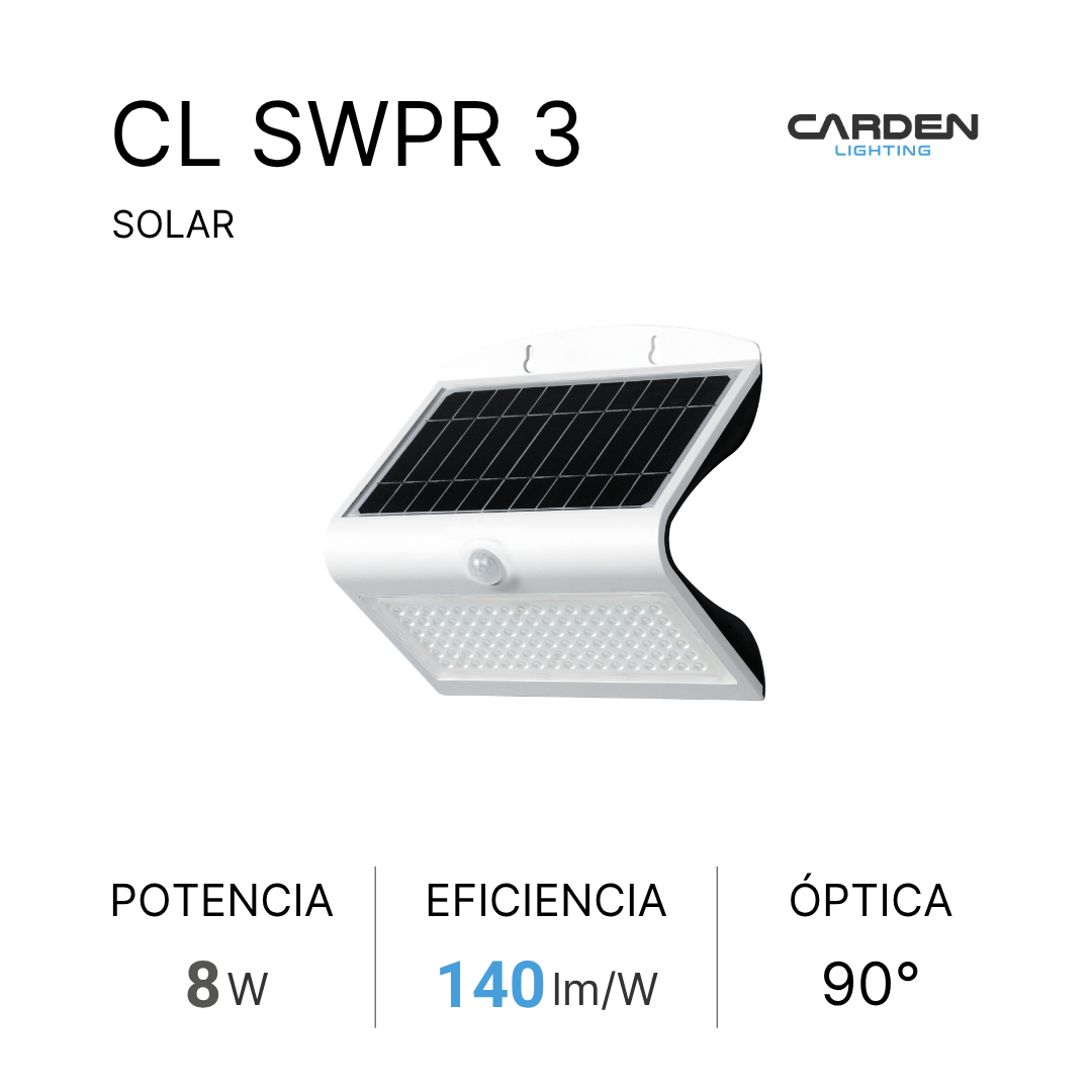 Wall pack solar LED integrado Carden CL SWP all-in-one con panel solar y sensor de movimiento en una sola pieza