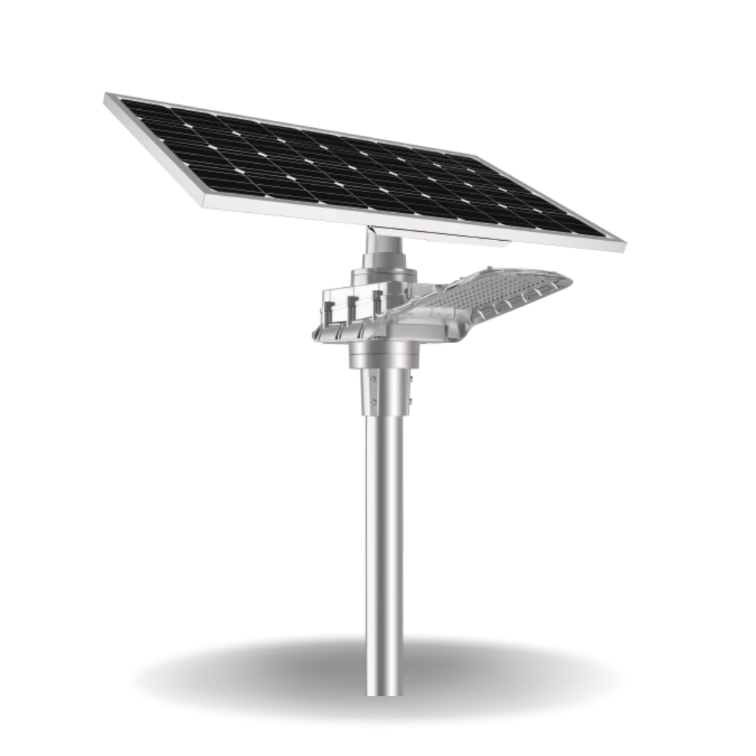 Farola con panel solar y luz LED en un poste.