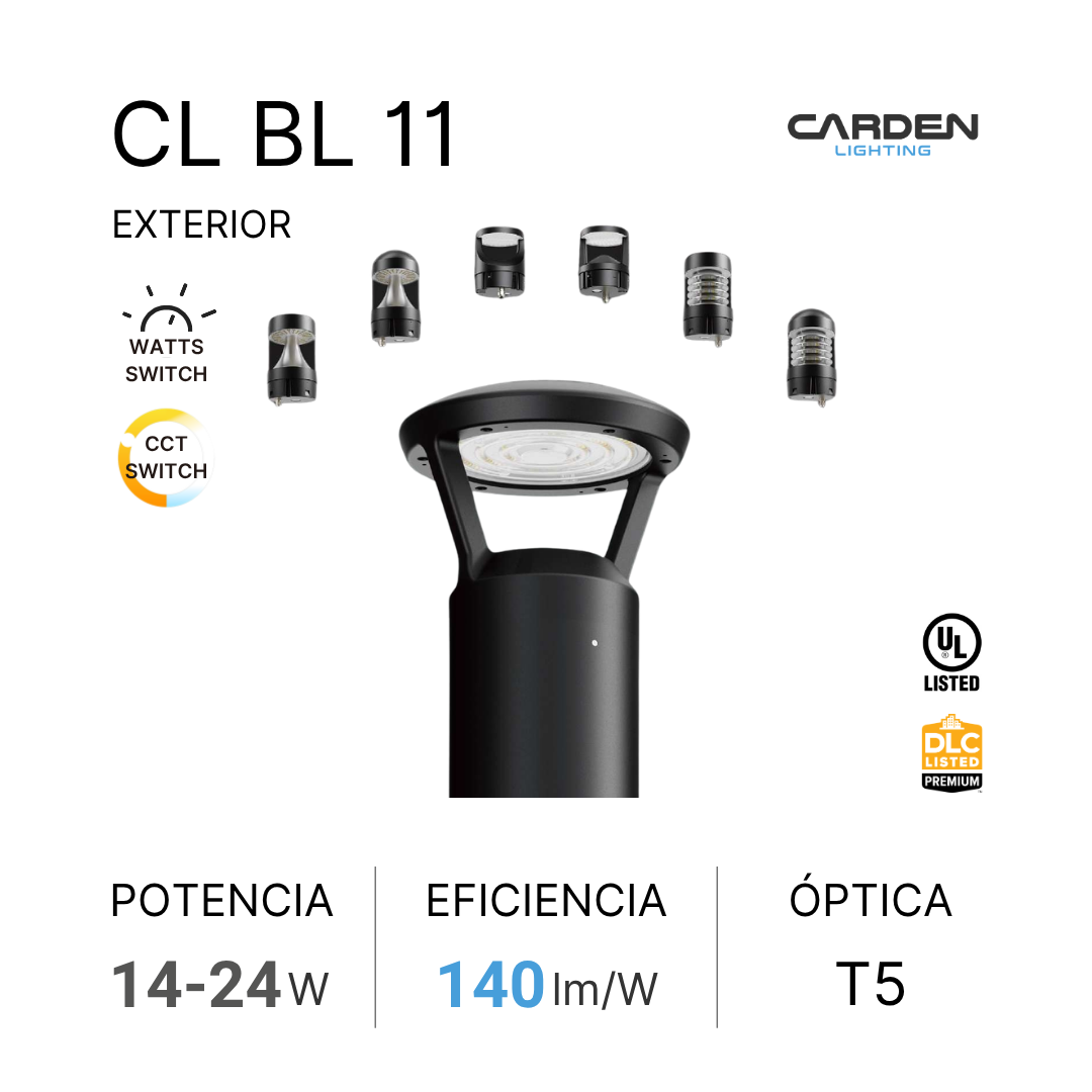 Detalle de luminaria de exterior modelo CL BL 11 de la marca Carden Lighting, con varias versiones de focos, explicaciones de potencia y eficiencia lumínica, con certificaciones UL y DLC, y características técnicas como potencia de 14-24W, eficiencia de 140lm/W y óptica T5.