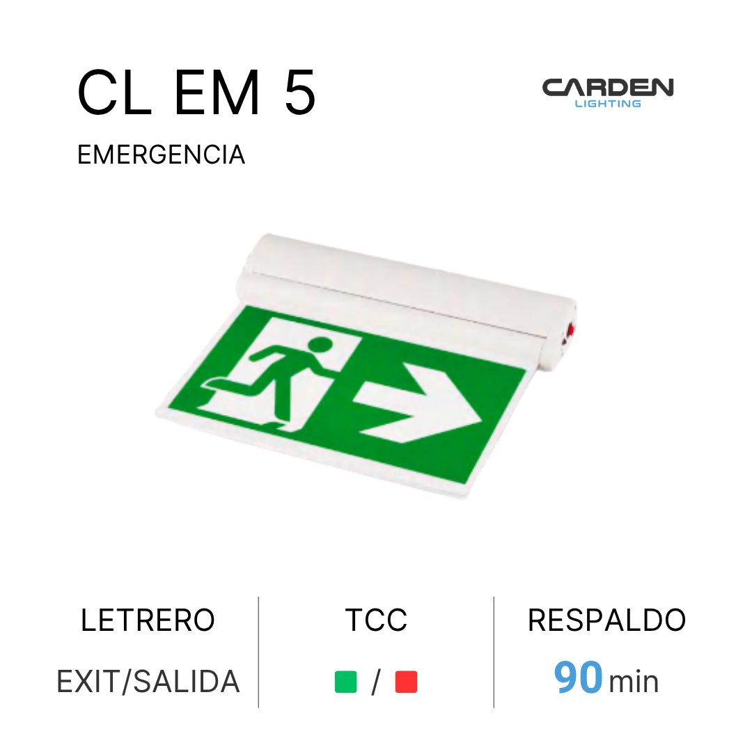 Señal de emergencia de salida de emergencia con flecha hacia la derecha y figura corriendo, marca de la marca Carden Lighting, con instrucciones de respaldo de 90 minutos.
