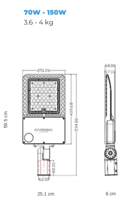Diseño técnico de una luminaria LED con detalles de dimensiones. Muestra vistas frontal y lateral, con especificaciones de ancho, alto y grosor. Incluye logo de CARDEN Lighting.