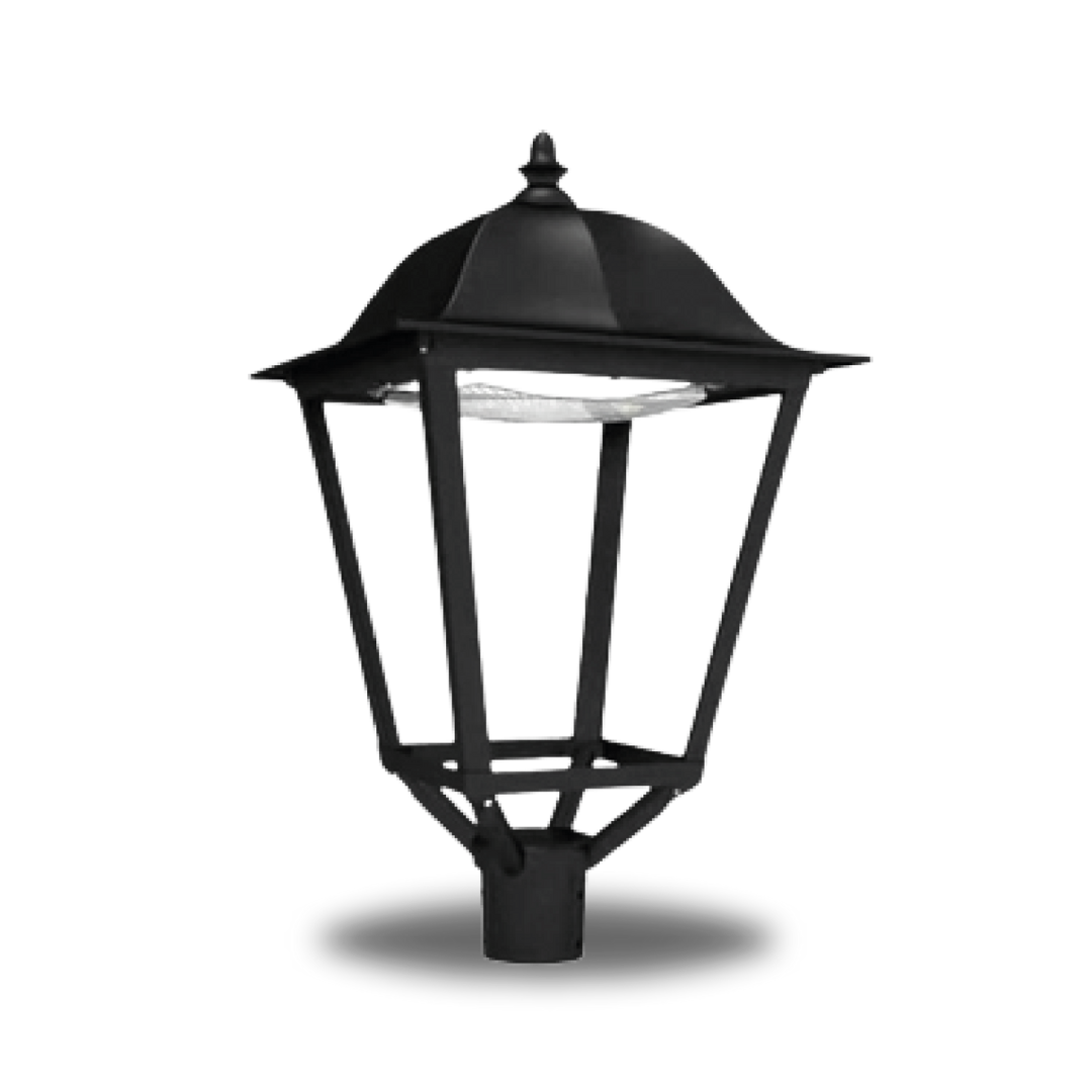 Farol de estilo antiguo, color negro, con cuatro paneles y un techo decorativo.