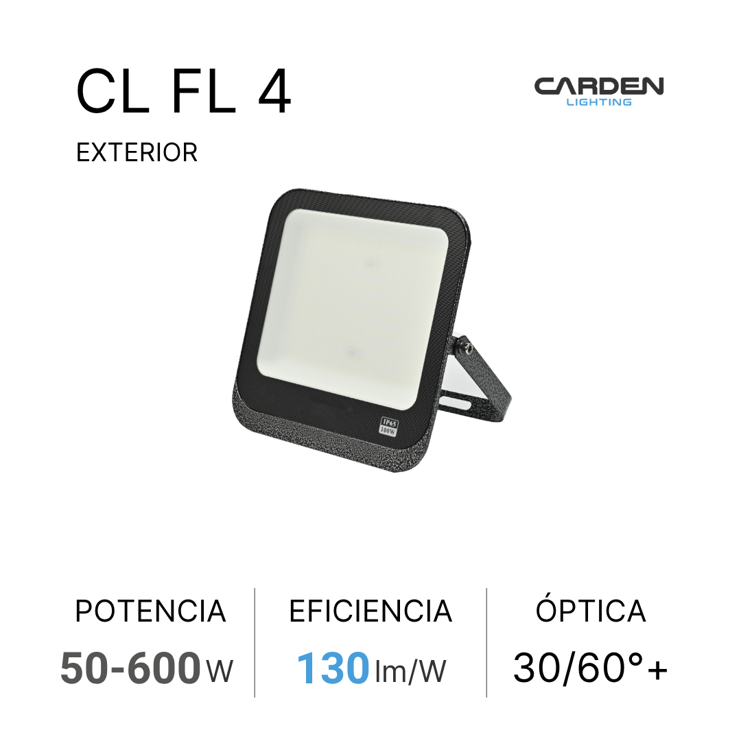 Foco LED exterior negro de marca Carden Lighting, modelo CL FL 4, con información sobre potencia de 50 a 600 W, eficiencia de 130 lúmenes por vatio y óptica de 30 a 60 grados.