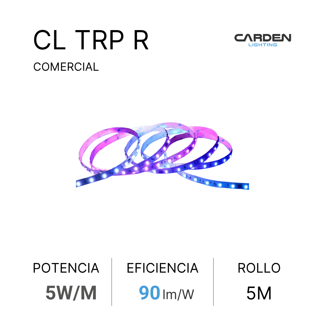 Tiras de luces LED en colores rosa, azul y blanco. Incluye texto que indica características del producto como potencia de 5W/M, eficiencia de 90 lm/W, y rollo de 5 metros, además de logotipo de Carden Lighting y la palabra Comercial.