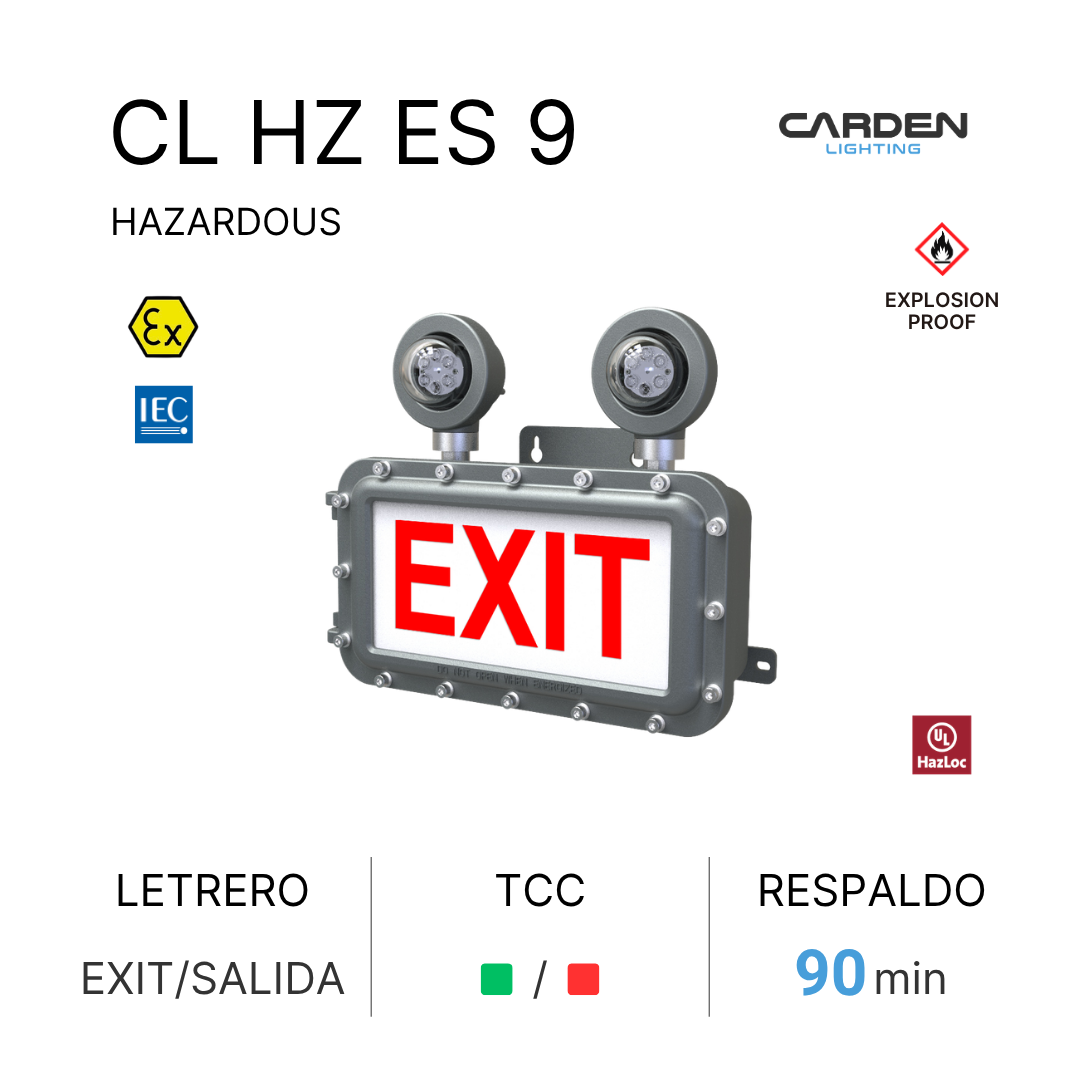 Sección de un cartel de señalización de emergencia con la palabra "EXIT" en letras rojas, y varios símbolos de advertencia de peligro. Indicaciones en español para emergencia, respaldo de 90 minutos, y certificados de seguridad y explosión.