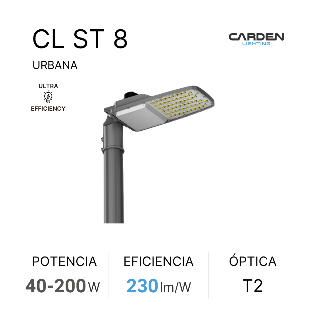 Luminaria urbana LED Carden CL ST con óptica vial y compatibilidad de fotoceldas alumbrado público de avenidas y carreteras, alta eificiencia lm/W, menor consumo de energía,
