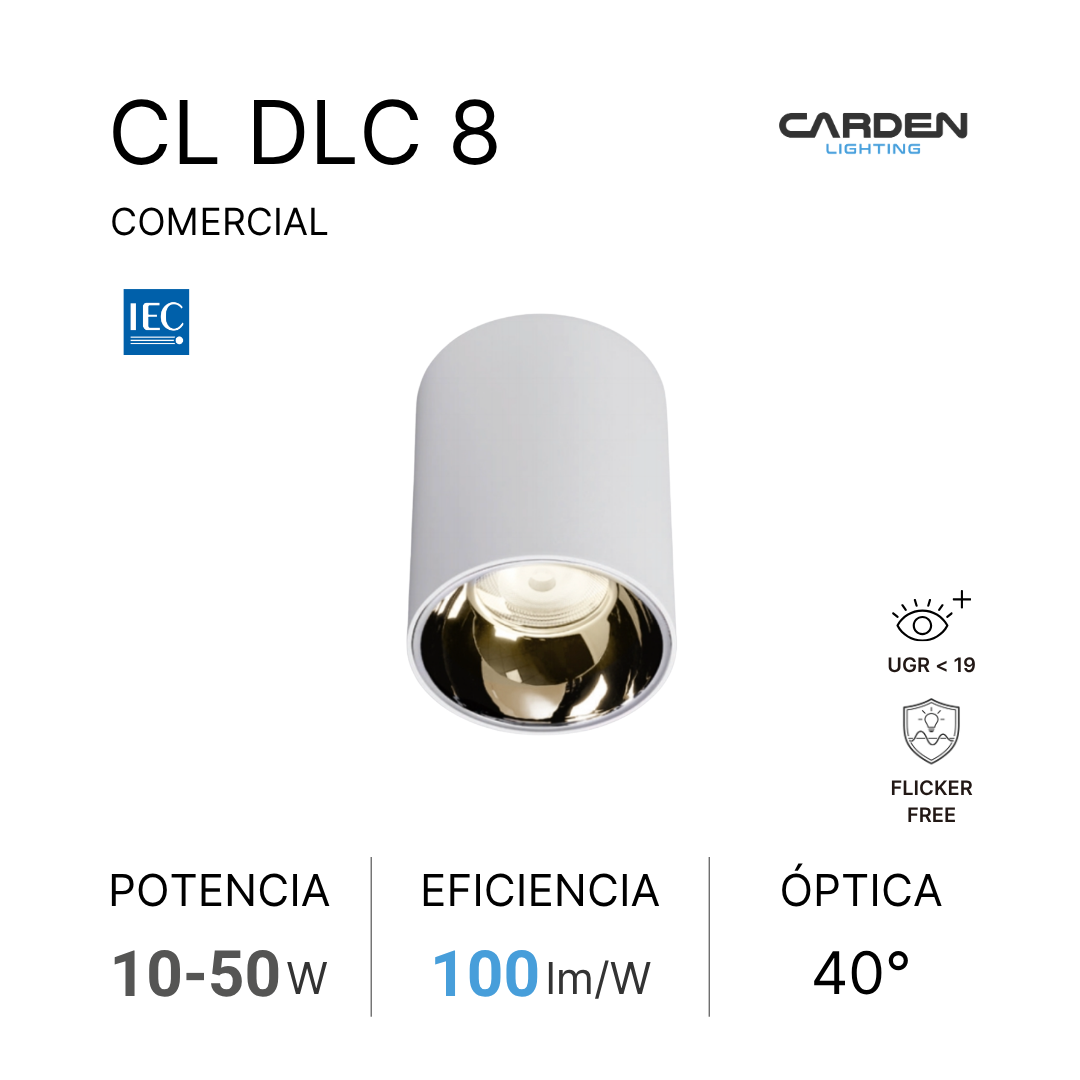 Caja de luminaria comercial LED Carden Lighting modelo CL DLC 8, de color blanco, con certificación IEC, eficiencia de 100 lumen por watt, potencia de 10 a 50 vatios, lámpara con óptica de 40 grados, resistente a parpadeo, con clasificación UGR menor a 19 para confort visual.