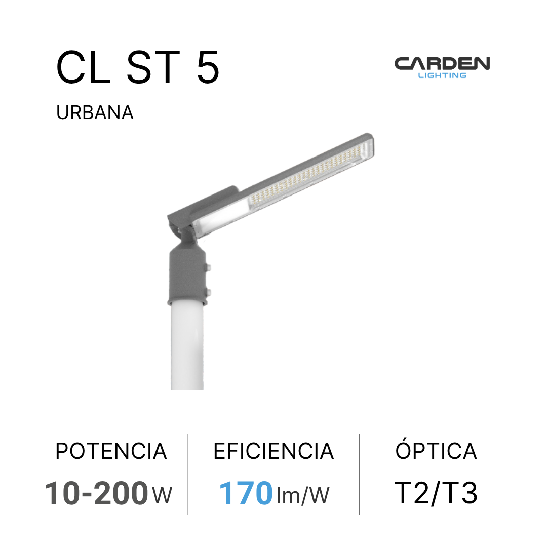 Luminaria urbana LED Carden CL ST con óptica vial y compatibilidad de fotoceldas alumbrado público de avenidas y carreteras, alta eificiencia lm/W, menor consumo de energía,