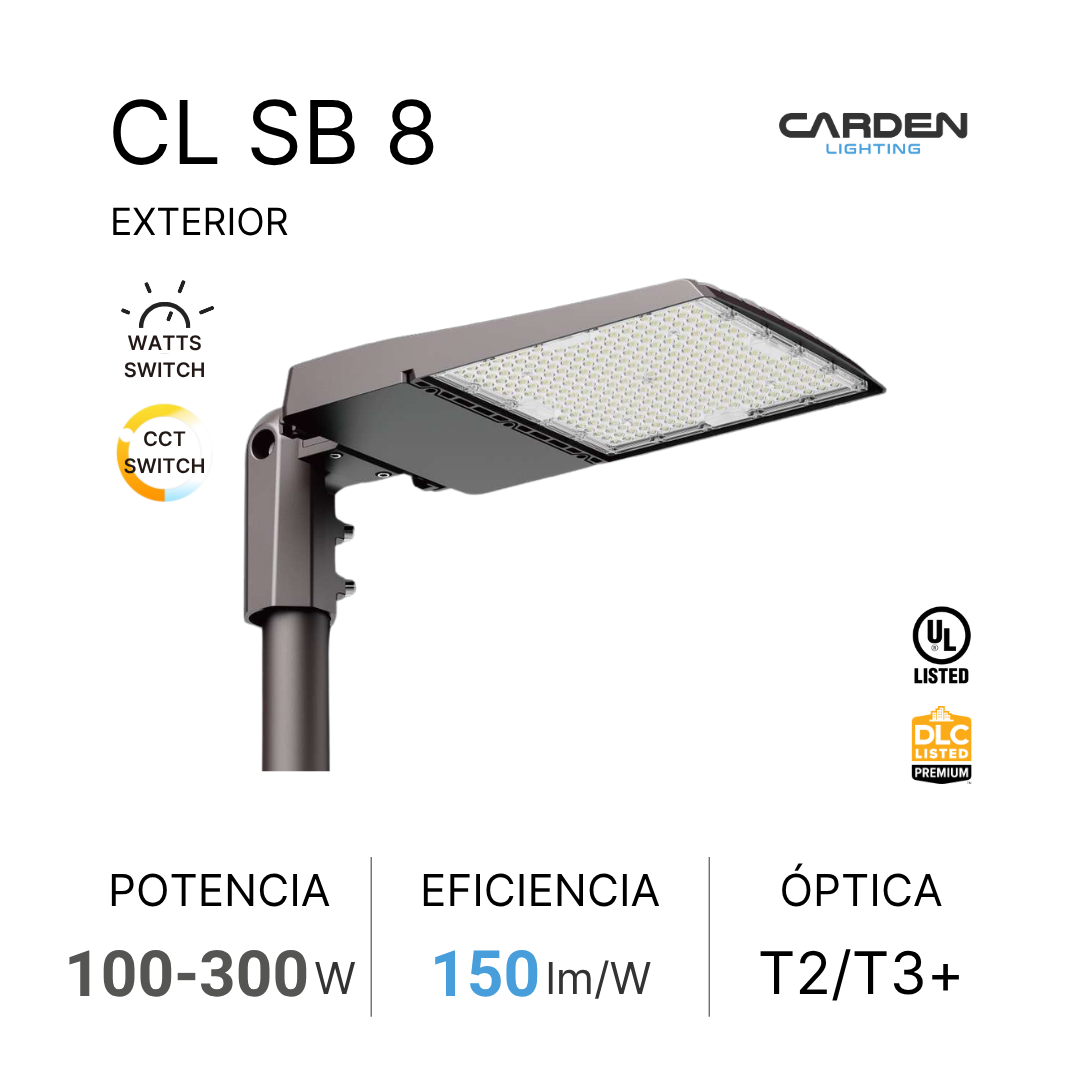Lámpara de luz LED de exterior con brazo largo, marca Carden Lighting, modelo CL SB 8, con especificaciones de potencia entre 100 y 300 vatios, eficiencia de 150 lúmenes por vatio, y óptica T2/T3+.