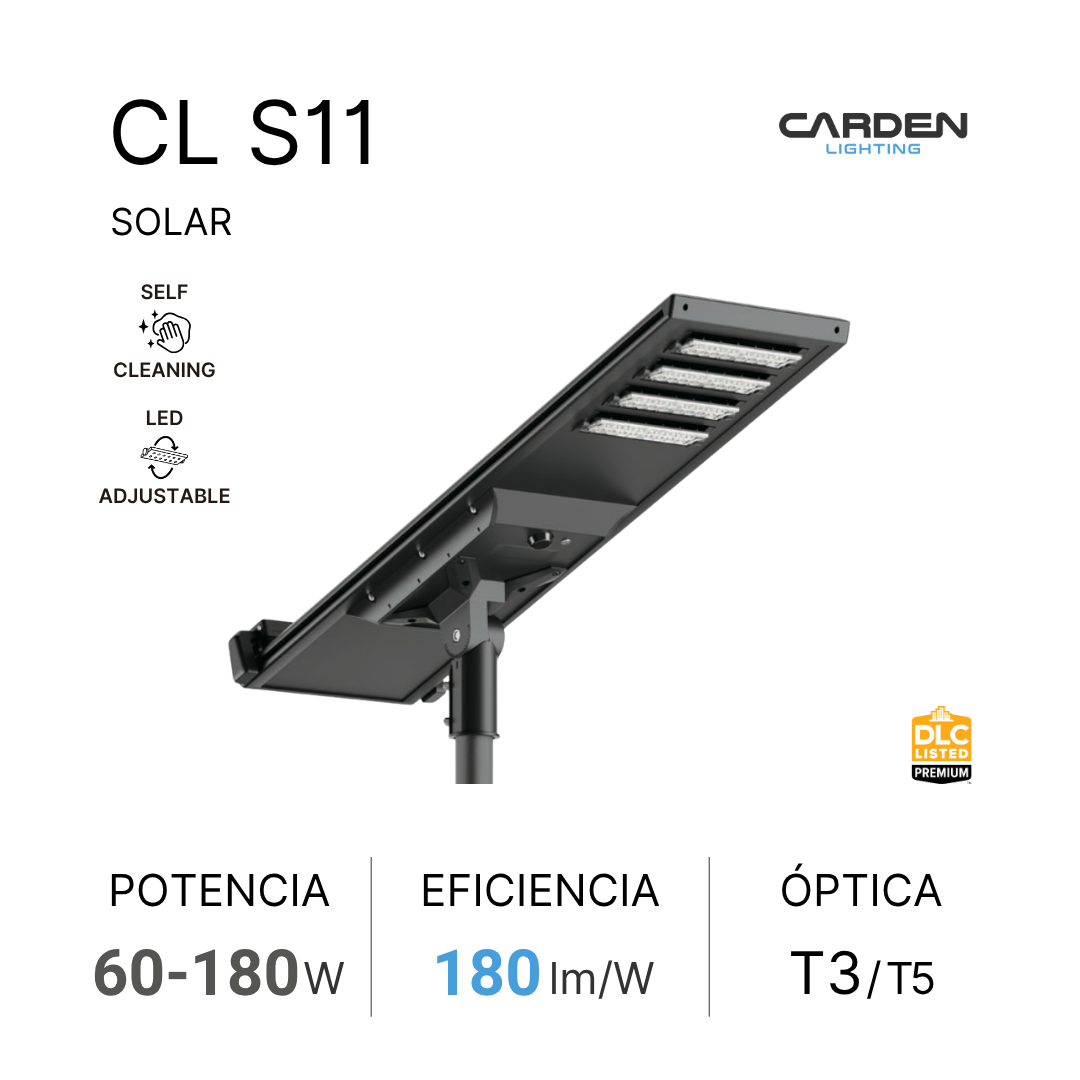 Luminaria solar LED Carden CL S todo en uno (all-in-one) para alumbrado público y vialidades, autónomo con panel monocristalino y batería LiFePO4 (de litio) con duración garantizada toda la noche. Sin canalización, cableado ni electricidad.