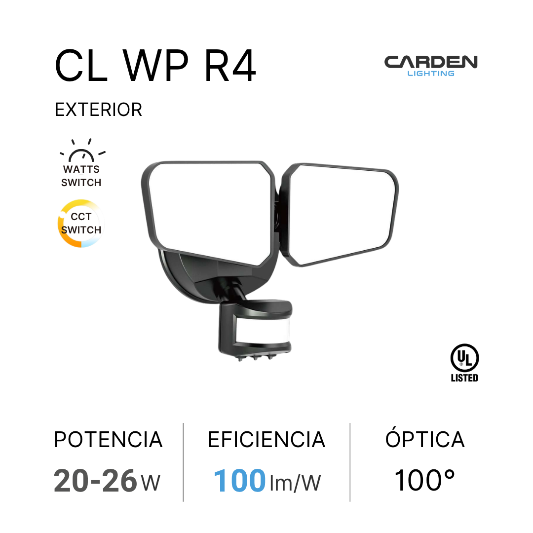 Etiqueta del proyector CL WP R4 de Carden Lighting, mostrando información sobre potencia, eficiencia, óptica y switches exteriores.