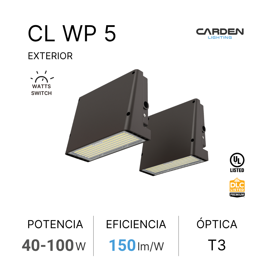 Lámparas de iluminación exterior de color negro con diodos LED, marca Carden Lighting, modelo CL WP 5, con información sobre potencia, eficiencia y tipo de óptica T3, lista UL y DLC.