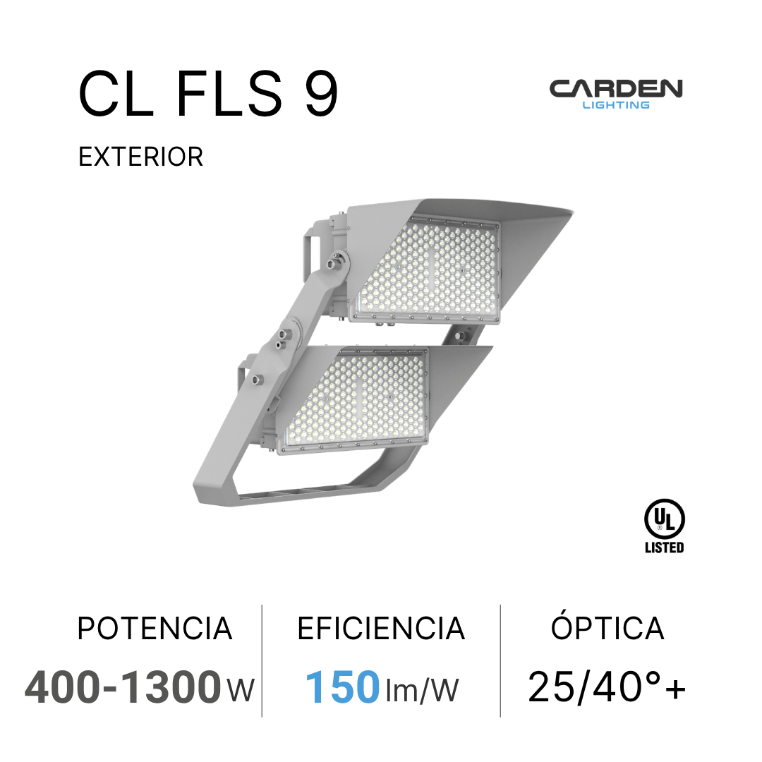 Fachada de lampara de iluminación LED para exteriores marca Carden Lighting con especificaciones de potencia entre 400 y 1300 vatios, eficiencia de 150 lúmenes por watt y óptica de 25 a 40 grados.