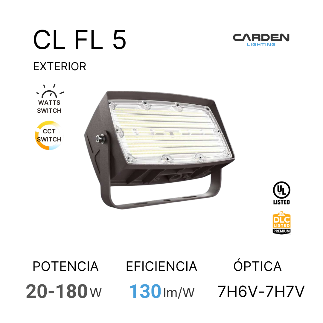Lámpara de luz exterior de la marca Carden Lighting con nombre CL FL 5 y especificaciones técnicas, incluyendo potencia de 20 a 180 vatios, eficiencia de 130 lúmenes por vatio, y rango de óptica 7H6V-7H7V, con iconos de interruptores de potencia y CCT, y certificaciones UL y DLC.