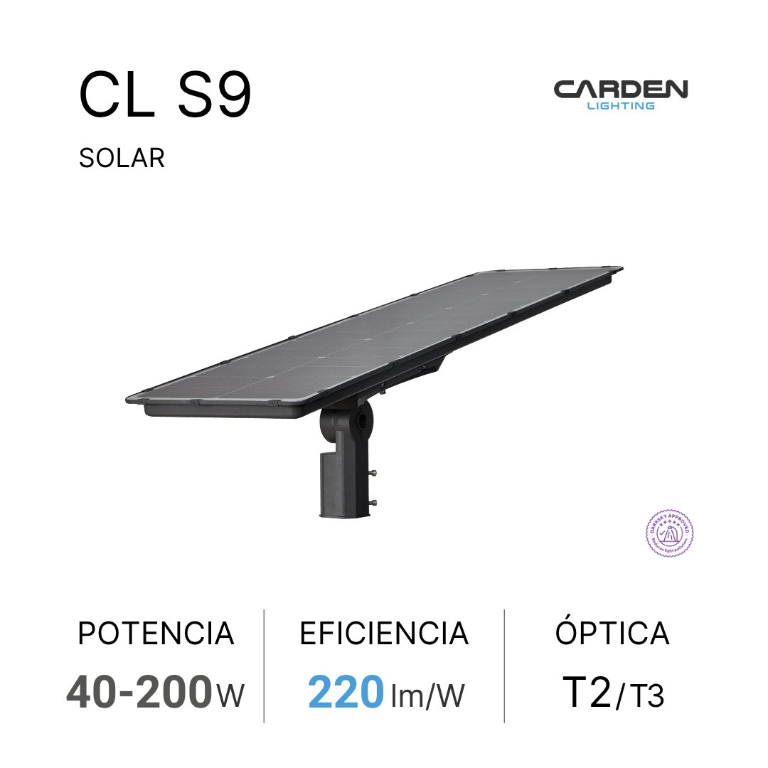 Luminaria solar LED Carden CL S todo en uno (all-in-one) para alumbrado público y vialidades, autónomo con panel monocristalino y batería LiFePO4 (de litio) con duración garantizada toda la noche. Sin canalización, cableado ni electricidad.