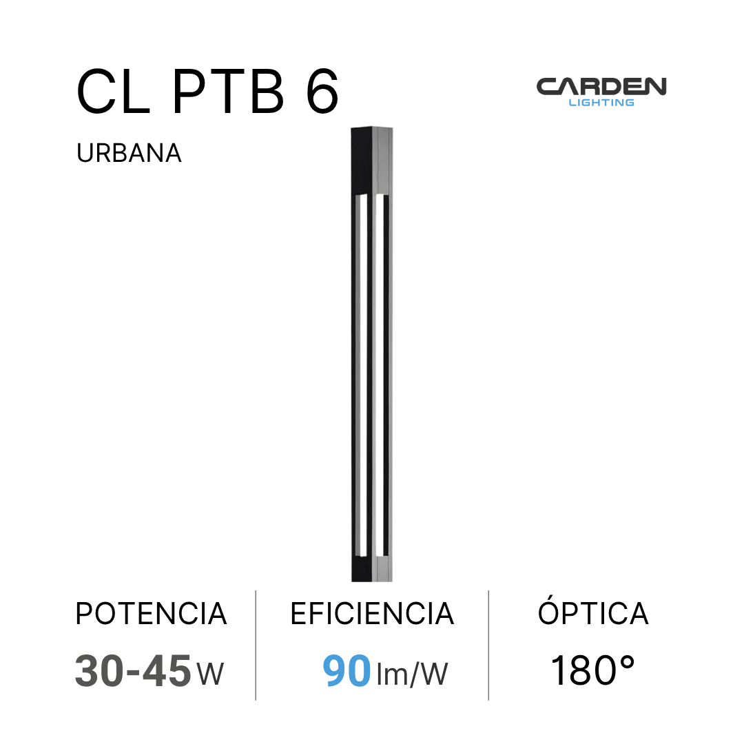 Lámpara de iluminación urbana freestanding de estilo moderno con luces LED, marca Carden Lighting, especificaciones de potencia 30-45W, eficiencia 90 lúmenes por watt, óptica de 180 grados.