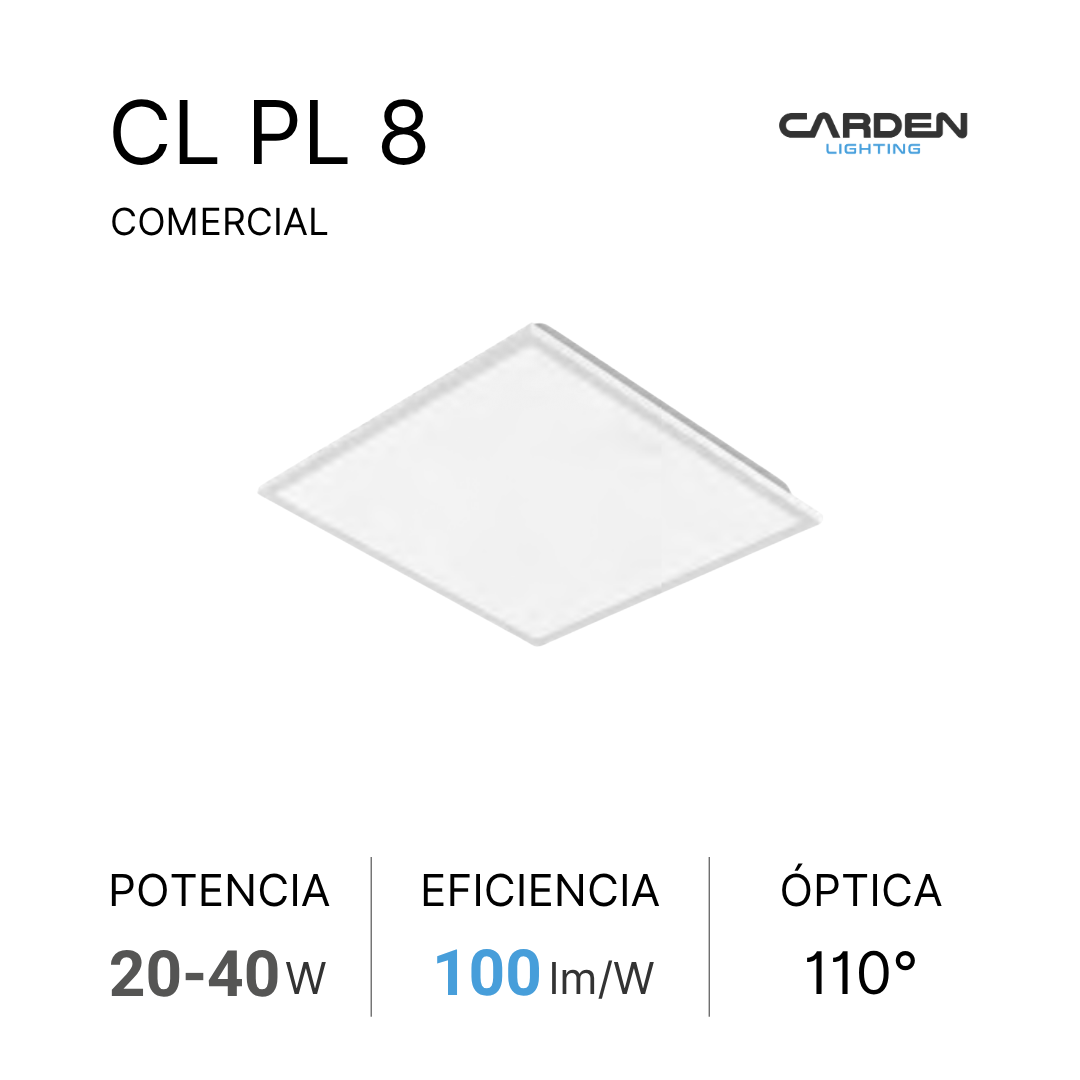 Descripción de la caja de luminaria comercial CL PL 8 de Carden Lighting con especificaciones de potencia, eficiencia y ángulo óptico.