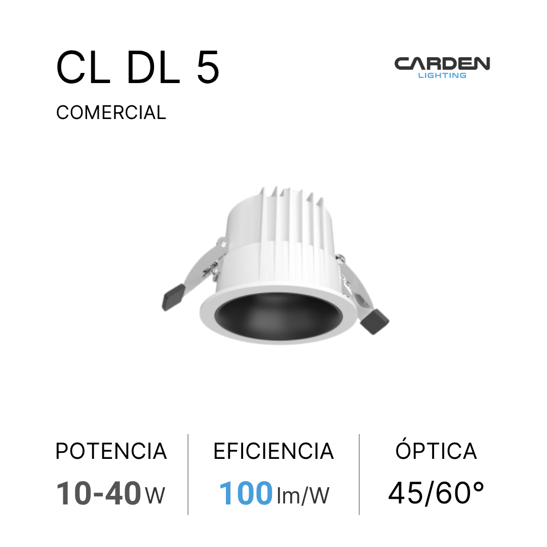 Lámpara LED empotrada blanca de iluminación comercial de Carden Lighting con características técnicas de potencia, eficiencia y óptica.