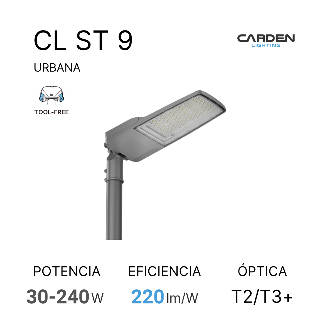 Luminaria urbana LED Carden CL ST con óptica vial y compatibilidad de fotoceldas alumbrado público de avenidas y carreteras, alta eificiencia lm/W, menor consumo de energía,