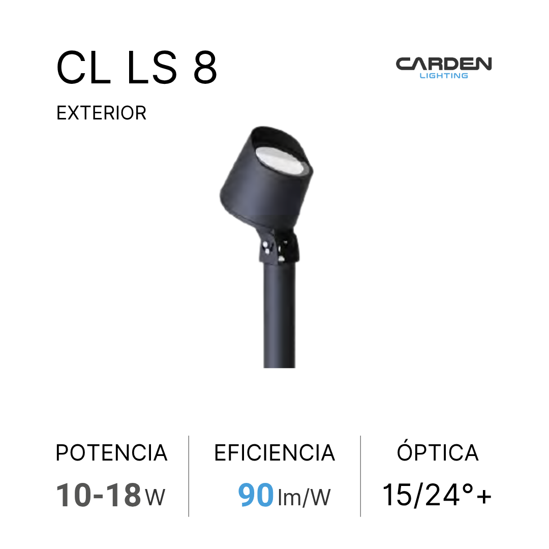 Imagen del foco de iluminación exterior modelo CL LS 8 de la marca Carden Lighting. Describe especificaciones técnicas como potencia de 10 a 18 vatios, eficiencia de 90 lúmenes por vatio, óptica de 15 a 24 grados y que es para exteriores.