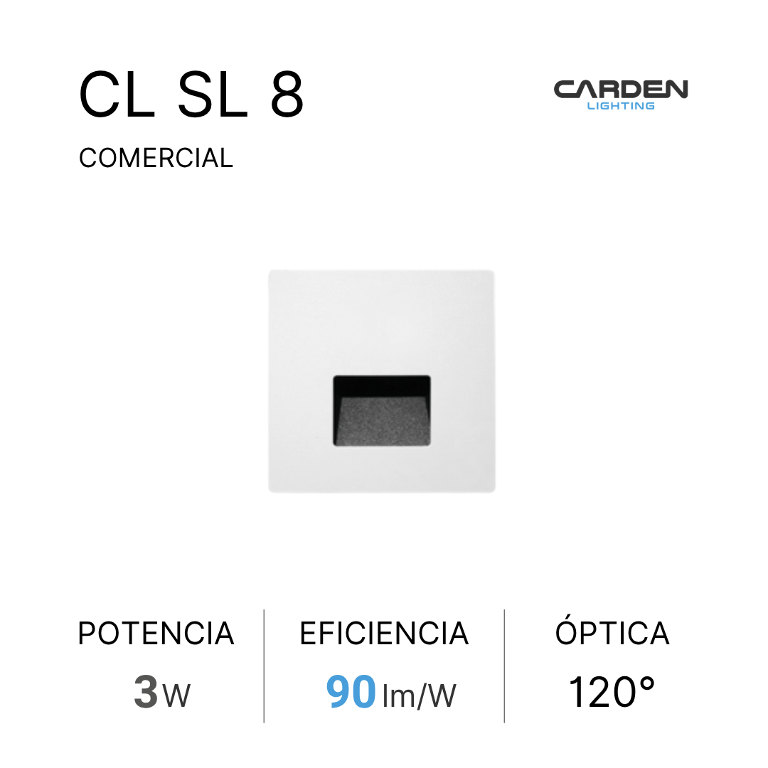Imagen de una ficha de producto para un switch de luz comercial, marca Carden Lighting, modelo CL SL 8. Incluye texto con potencia de 3W, eficiencia de 90 lm/W y óptica de 120°.